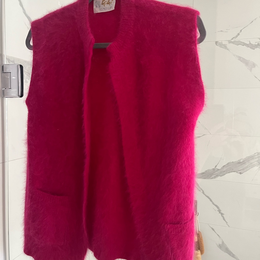 Vintage Fuchsia, Pink Angora Knit Vest Sweater Open Front Size Small